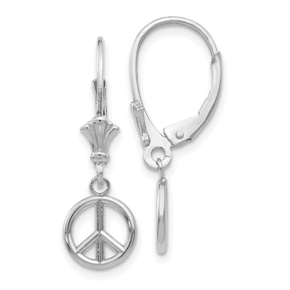 8mm 3D Peace Sign Lever Back Earrings in 14k White Gold